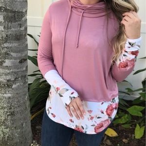 Tops - Jersey knit cowl neck top with floral cuffs & hem Tops - Jersey knit cowl neck top with floral cuffs & hem